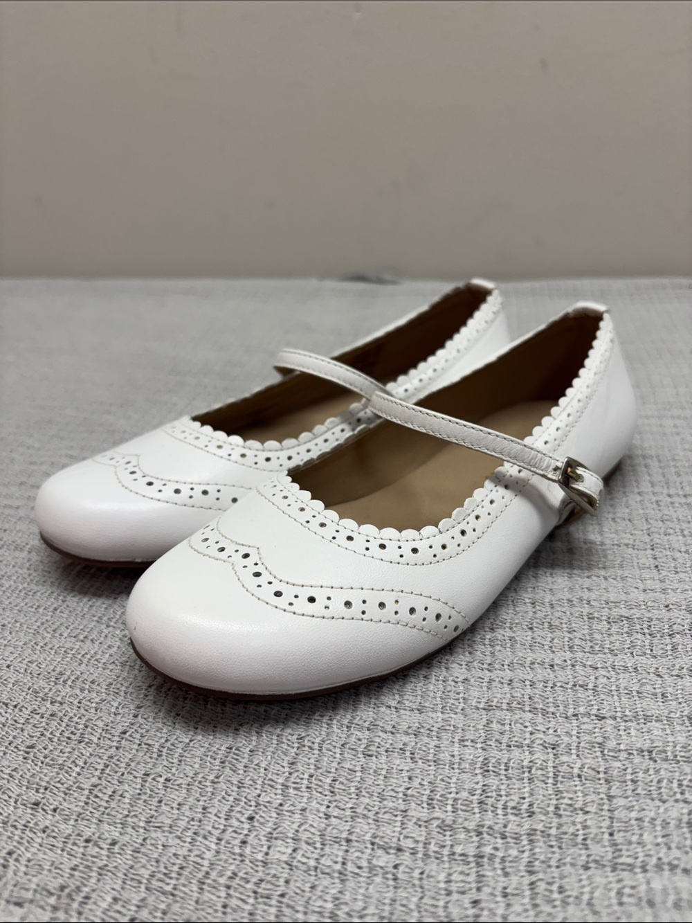ELEPHANTITO Vicky White Mary Jane Scallop Ballerina Flat Leather Shoes US 1 Girl